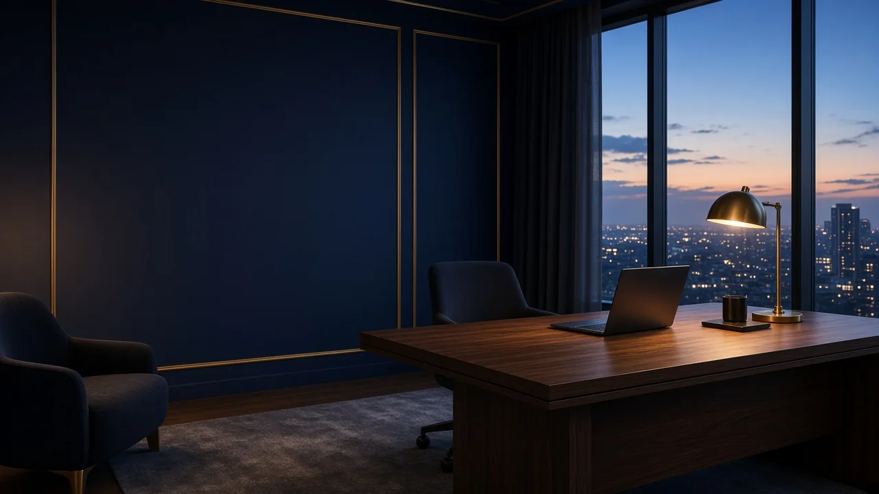 A quiet home office at dusk with a laptop, a brass desk lamp and city lights through the window